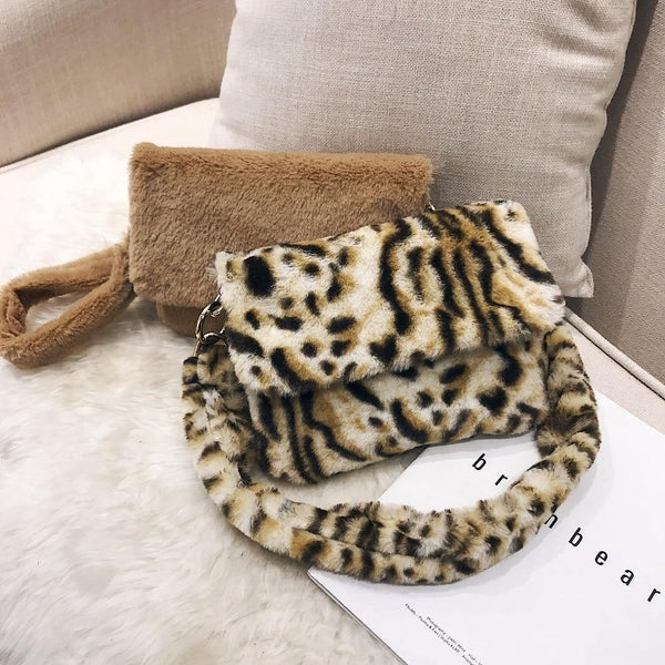 Planet Gates Women Winter Faux Fur Shoulder Bag Fashion Handbag lady Leopard print Handbags Female Party Small Girls Tote Bag Christmas Gift