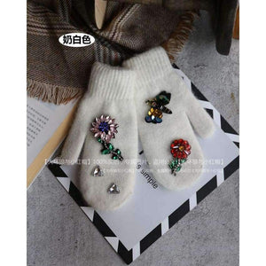 Planet Gates Women Winter Gloves Colorful Crystal Flower Decoration Rabbit Fur Gloves Fashion Finger Less Female Mittens Girls Gloves