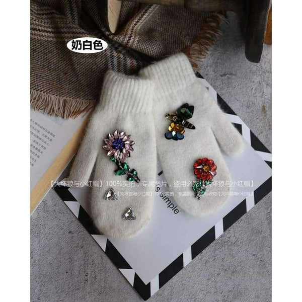 Planet Gates Women Winter Gloves Colorful Crystal Flower Decoration Rabbit Fur Gloves Fashion Finger Less Female Mittens Girls Gloves