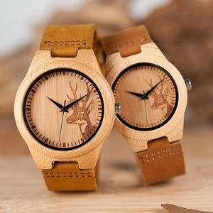 Planet Gates Womens / China Watch Men Elk Deer Head Bamboo Engraving Watches Women with Genuine Leather Lovers' Wristwatches relogio masculino