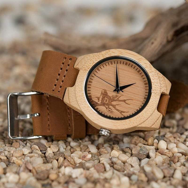 Planet Gates Womens / China Watch Men Elk Deer Head Bamboo Engraving Watches Women with Genuine Leather Lovers' Wristwatches relogio masculino