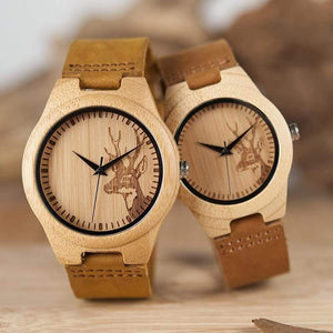 Planet Gates Womens / China Watch Men Elk Deer Head Bamboo Engraving Watches Women with Genuine Leather Lovers' Wristwatches relogio masculino