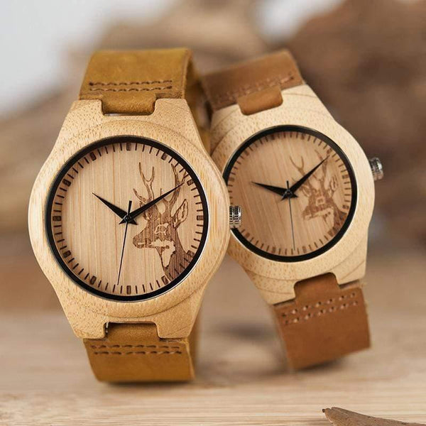 Planet Gates Womens / China Watch Men Elk Deer Head Bamboo Engraving Watches Women with Genuine Leather Lovers' Wristwatches relogio masculino