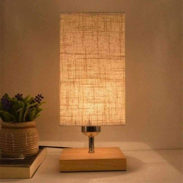 Planet Gates Wood Base Minimalist Table Lamp Bedside Desk Lamp Nightstand Lamps with Solid Wood and Fabric Shade for Bedroom Living Room Table Decor