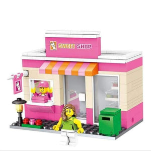 Planet Gates Wood City Series Mini Street Model Store Shop with McDonald`s Coffee Apple house Building Blocks Toys Hotsale Compatible