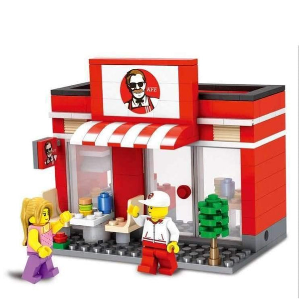 Planet Gates Wood City Series Mini Street Model Store Shop with McDonald`s Coffee Apple house Building Blocks Toys Hotsale Compatible