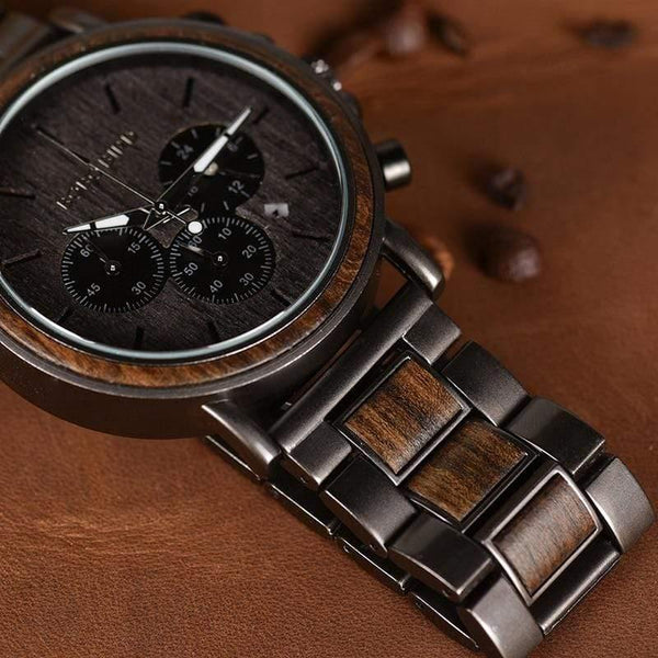 Planet Gates Wood Stainless Steel Men Watch Stylish Wooden Timepieces Chronograph Quartz Watches relogio masculino W-Q26