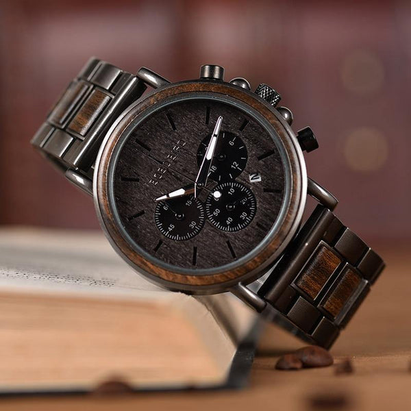 Planet Gates Wood Stainless Steel Men Watch Stylish Wooden Timepieces Chronograph Quartz Watches relogio masculino W-Q26