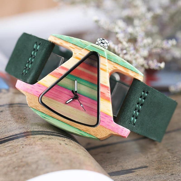 Planet Gates Wood Watch Creative Triangle Shape Dial Hour Clock Women Quartz Leather Bracelet Watch Women's Wrist Reloj Mujer
