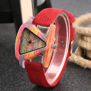 Planet Gates Wood Watch Creative Triangle Shape Dial Hour Clock Women Quartz Leather Bracelet Watch Women's Wrist Reloj Mujer