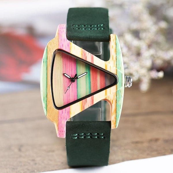 Planet Gates Wood Watch Creative Triangle Shape Dial Hour Clock Women Quartz Leather Bracelet Watch Women's Wrist Reloj Mujer