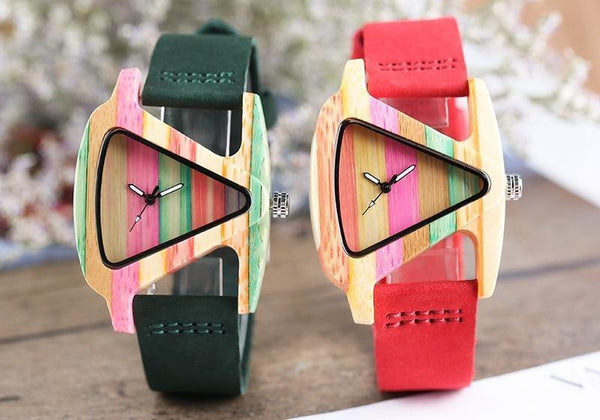 Planet Gates Wood Watch Creative Triangle Shape Dial Hour Clock Women Quartz Leather Bracelet Watch Women's Wrist Reloj Mujer