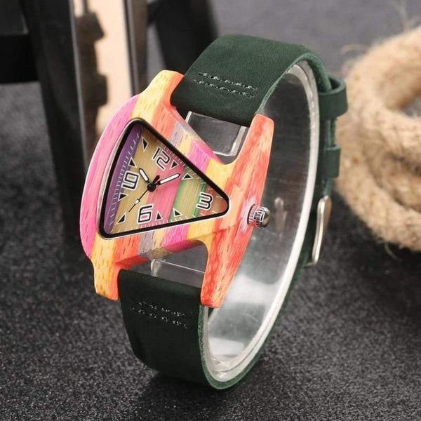Planet Gates Wood Watch Creative Triangle Shape Dial Hour Clock Women Quartz Leather Bracelet Watch Women's Wrist Reloj Mujer
