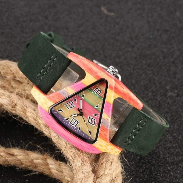 Planet Gates Wood Watch Creative Triangle Shape Dial Hour Clock Women Quartz Leather Bracelet Watch Women's Wrist Reloj Mujer