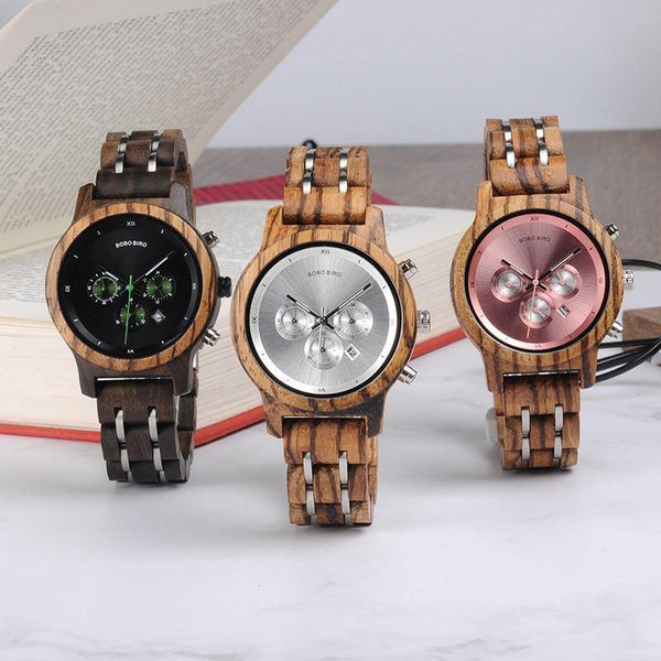 Planet Gates Wooden Watches for Lovers Wood and Steel Combined Design with Stop Watch Three Colors Option
