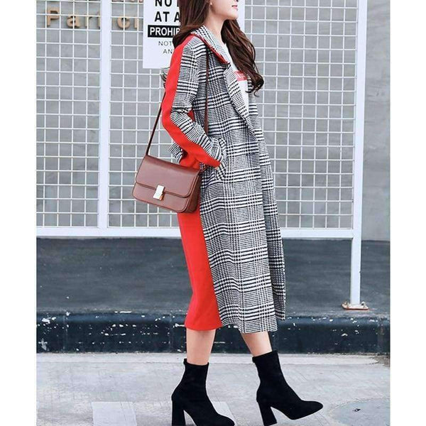 Planet Gates Wool Blend Plaid Long Coat Women Contrast Color Red Back With Belt Slim Outerwear For Woman Winter Warm Coats