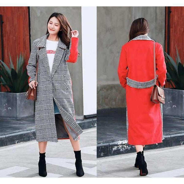 Planet Gates Wool Blend Plaid Long Coat Women Contrast Color Red Back With Belt Slim Outerwear For Woman Winter Warm Coats
