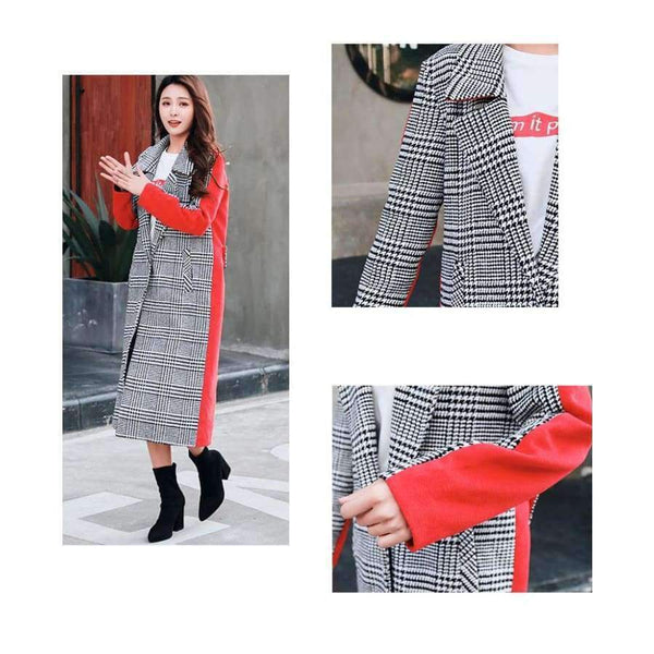 Planet Gates Wool Blend Plaid Long Coat Women Contrast Color Red Back With Belt Slim Outerwear For Woman Winter Warm Coats