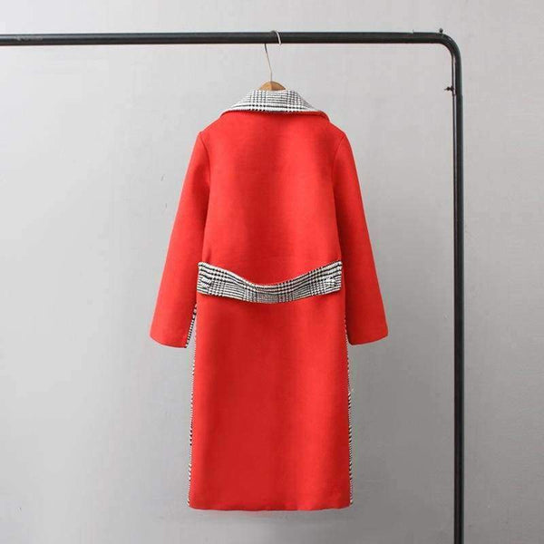 Planet Gates Wool Blend Plaid Long Coat Women Contrast Color Red Back With Belt Slim Outerwear For Woman Winter Warm Coats