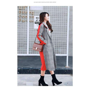 Planet Gates Wool Blend Plaid Long Coat Women Contrast Color Red Back With Belt Slim Outerwear For Woman Winter Warm Coats