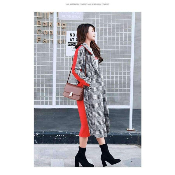 Planet Gates Wool Blend Plaid Long Coat Women Contrast Color Red Back With Belt Slim Outerwear For Woman Winter Warm Coats