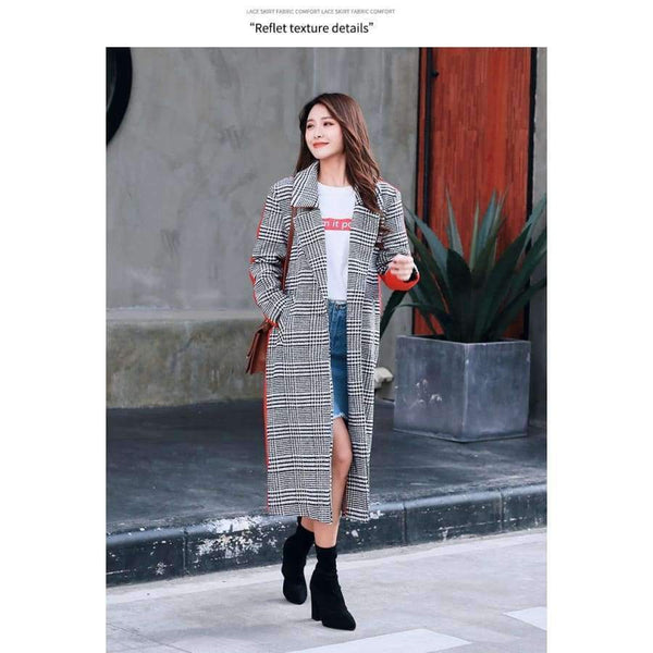 Planet Gates Wool Blend Plaid Long Coat Women Contrast Color Red Back With Belt Slim Outerwear For Woman Winter Warm Coats