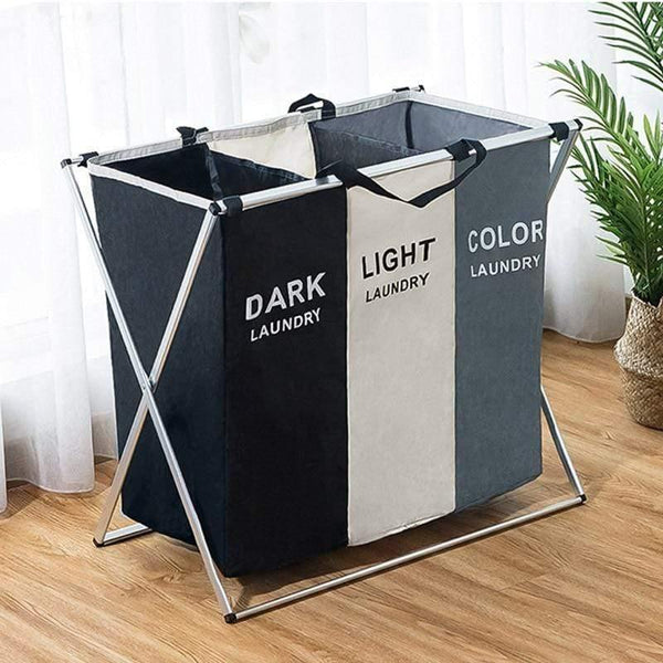 X-shape Foldable Dirty Laundry Basket Organizer Printed Collapsible Three Grid Home Laundry Hamper Sorter Laundry Basket Large