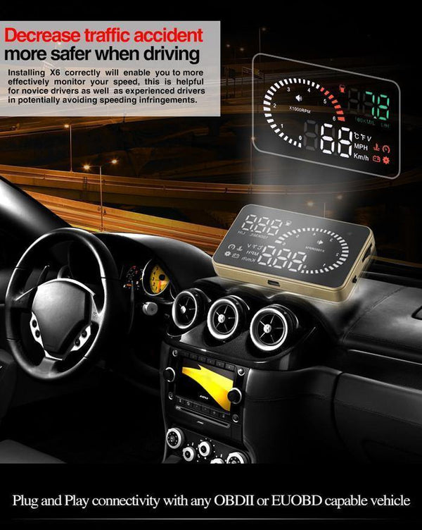 Planet Gates X6 3Inch Car HUD Head Up Display OBD2 II Universal Overspeed Warning System Projector Windshield Auto Electronic Voltage Alarm