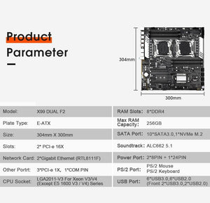 Planet Gates X99 Dual CPU Motherboard Intel Xeon LGA 2011-3 E5 V3 V4 CPU 8 DDR4 Slots ECC REG M.2 NVME USB3.0 E-ATX Server Mainboard