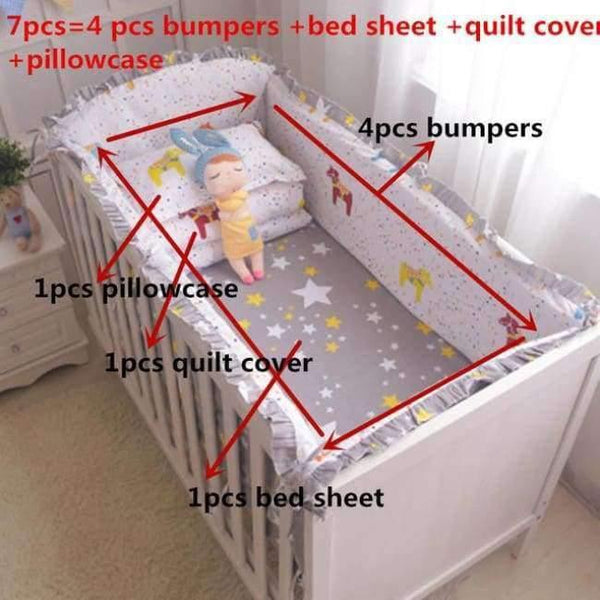 Planet Gates xiaomuma 7Pcs Hot ! Baby Bedding Set 100% Cotton Crib Bedding Set Baby Cot Protector Safe Bumpers Bed Sheet Quilt Cover Pillowcase