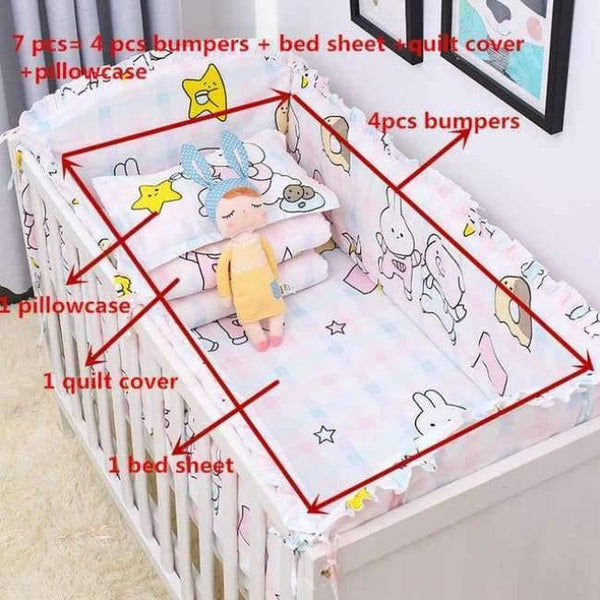 Planet Gates xiaozhuyumengtu 7Pcs Hot ! Baby Bedding Set 100% Cotton Crib Bedding Set Baby Cot Protector Safe Bumpers Bed Sheet Quilt Cover Pillowcase