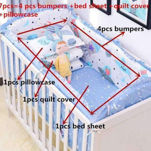 Planet Gates xingjibaobei 7Pcs Hot ! Baby Bedding Set 100% Cotton Crib Bedding Set Baby Cot Protector Safe Bumpers Bed Sheet Quilt Cover Pillowcase