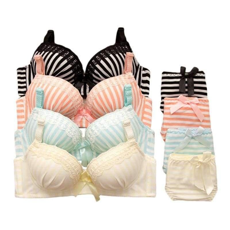 Planet Gates Yellow / 12 Teenage Girls Stripe Training Bras Sets Young Student Wireless Cotton Bras Lace Panties 2Pcs Sets Teens Development Clothes GB15