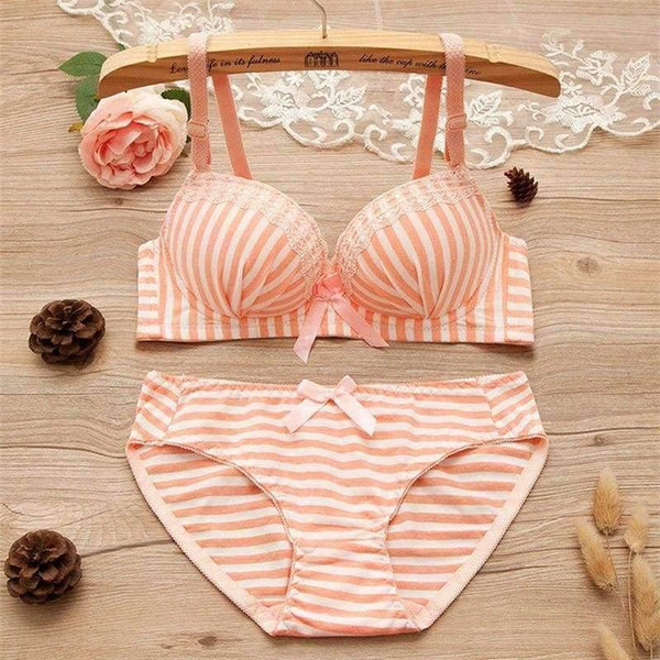Planet Gates Yellow / 12 Teenage Girls Stripe Training Bras Sets Young Student Wireless Cotton Bras Lace Panties 2Pcs Sets Teens Development Clothes GB15