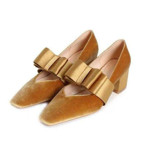 Planet Gates yellow / 3.5 Boussac Vintage Velvet Women Pumps High Heels Square Toe Bowtie Women Heels Chic Party Shoes Women SWC0109