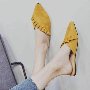 Planet Gates Yellow / 4 New 2018 Pointed Toe Women Mules Suede Leather Flat Shoes Women Pleated Women Summer Shoes flats Mujer Q254