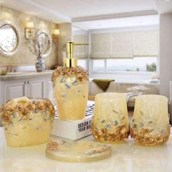 Planet Gates Yellow 5pcs 6pcs/set Resin Bathroom Accessories Sets/Dispensers/Dishes/Toothpaste Holders/tray/Bathroom Tumblers/Bathroom Products