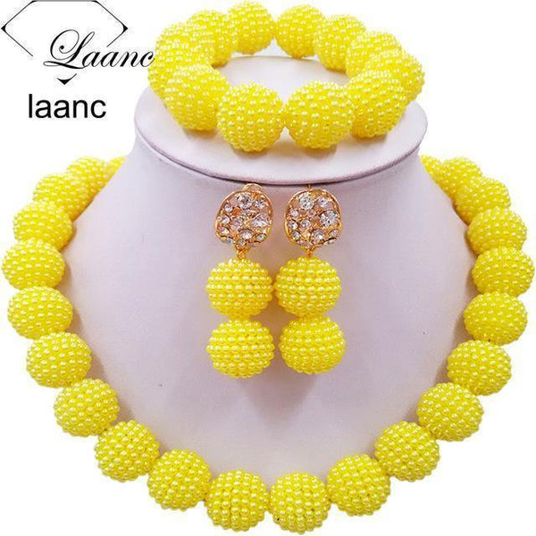 Planet Gates Yellow African Beads Jewelry Set for Nigerian Wedding Simulated Pearl Necklace and Earrings SP1R004