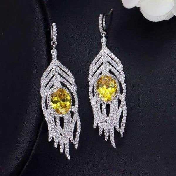 Planet Gates Yellow ANGELCZ Trendy CZ Feather Drop Dangle Pave Round Yellow Stone Crystal Bohemian Long Tassel Earrings With 925 Silver Pins AE214