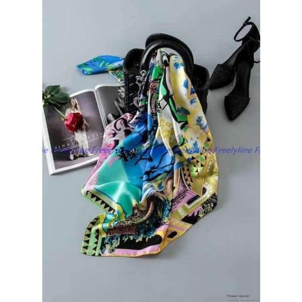 Planet Gates Yellow Blue Printed 100% Silk Twill Scarf Hijab Women Large Square Silk Scarfs Shawl Wraps for Hair Wrapping Hand Rolled 88x88cm