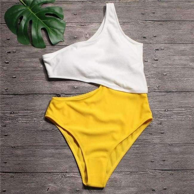 Planet Gates blue bodysuit / S White Yellow High Waist Cut Out Trikini Ribbed Bathing Suit Monokini Asymmetric Shoulder Swimwear Women One Piece Swimsuit