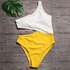 Planet Gates yellow bodysuit / XL White Yellow High Waist Cut Out Trikini Ribbed Bathing Suit Monokini Asymmetric Shoulder Swimwear Women One Piece Swimsuit