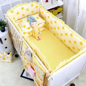 Planet Gates Yellow chicken 6Pcs Cartoon Baby Bedding Sets Baby Crib Bumpers Bed Around Cot Bed Sheets 100%Cotton Thickening Customizable Baby Beddings
