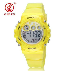 Planet Gates Yellow Digital LCD kids girls Fashion Wristwatch White Silicone strap 50M Waterproof Child Boys Watches Alarm hand clocks