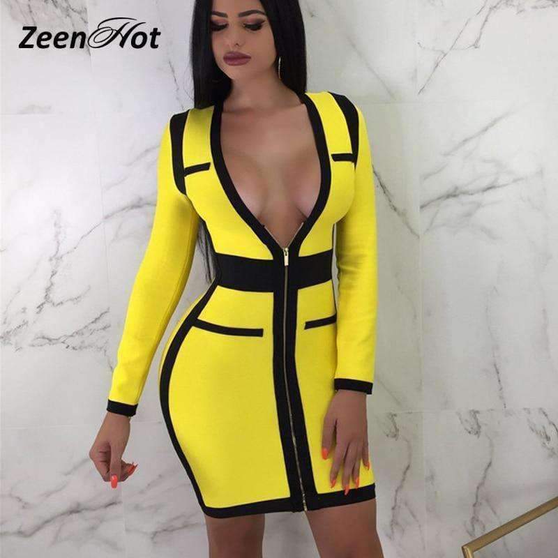 Planet Gates yellow dress / S Deep V Zipper Patchwork Mini Dress Vestido Autumn Long-Sleeved High Waist Pencil Dresses 2018 New Winter Bandage Dress