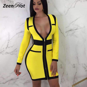 Planet Gates yellow dress / S Deep V Zipper Patchwork Mini Dress Vestido Autumn Long-Sleeved High Waist Pencil Dresses 2018 New Winter Bandage Dress