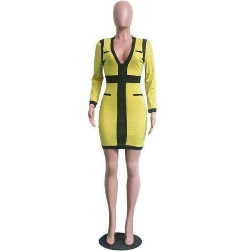 Planet Gates yellow dress / S Deep V Zipper Patchwork Mini Dress Vestido Autumn Long-Sleeved High Waist Pencil Dresses 2018 New Winter Bandage Dress