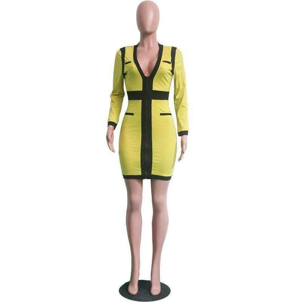 Planet Gates yellow dress / S Deep V Zipper Patchwork Mini Dress Vestido Autumn Long-Sleeved High Waist Pencil Dresses 2018 New Winter Bandage Dress