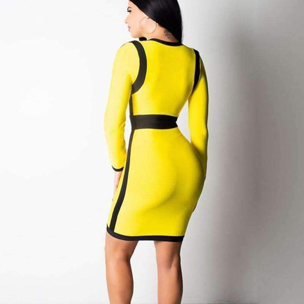 Planet Gates yellow dress / S Deep V Zipper Patchwork Mini Dress Vestido Autumn Long-Sleeved High Waist Pencil Dresses 2018 New Winter Bandage Dress