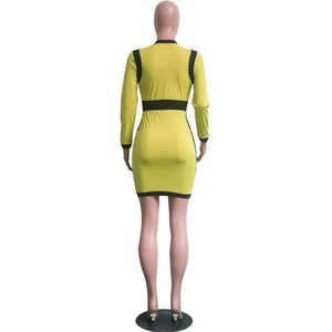 Planet Gates yellow dress / S Deep V Zipper Patchwork Mini Dress Vestido Autumn Long-Sleeved High Waist Pencil Dresses 2018 New Winter Bandage Dress